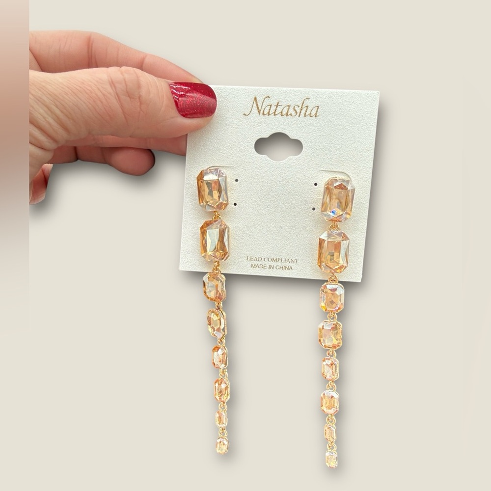 NWT- Natasha Long Champagne Crystal Faceted Gold-Tone Earrings
